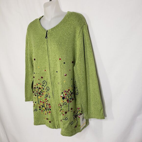 Breckenridge Womens Cardigan Sweater Medium Green Full Zip Embellished Fall Tree - Picture 4 of 10